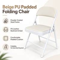 Chaise pliante élégante en PU beige rembourrée avec cadre en acier blanc, idéale pour le salon, la décoration intérieure et comme siège supplémentaire.