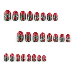 24 Uñas Postizas Ovaladas de Navidad, Color Borgoña con Purpurina, Diseño de Bayas y Copos de Nieve, Estilo Vintage Forestal, para Salón o Uso Personal - Product Image 4