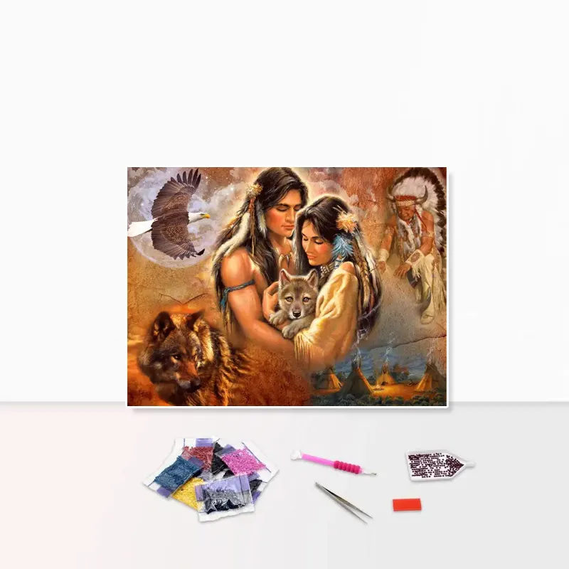 Lukisan berlian DIY gambar berlian 5d bor persegi penuh Serigala pasangan suku India