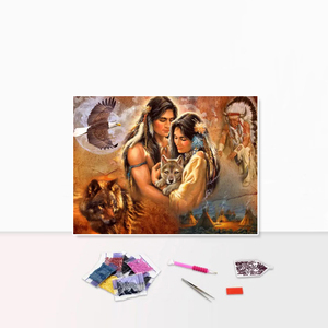 Peinture au diamant DIY, <span class=keywords><strong>couple</strong></span> de tribu indienne et loup, perceuses carrées complètes, diamants 5D, image - Product Image 1