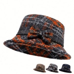 Wholesale Elegant Women Autumn Winter Tweed Fabric Bucket <b>Hat</b> With Bow Design - Product Image 2