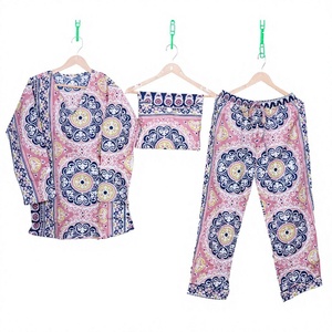 Ensemble pyjama 3 pièces pour femmes, manches longues, col en V, imprimé géométrique, 100% coton, vêtements de nuit décontractés, vêtements de détente pour femmes - Product Image 1