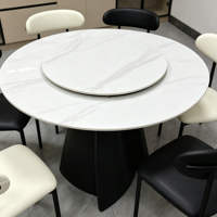 Ensemble de table à manger moderne en pierre frittée marbrée avec plateau tournant, 6 chaises en cuir PU, base en métal noir, ronde