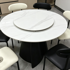Ensemble de table à manger moderne en pierre frittée avec plateau tournant, 6 chaises en cuir PU, base en métal noir, pour la maison et l'appartement - Product Image 5