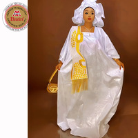 Boubou Bazin Blanc Avec Pompons Dorés pour Femmes Africaines, Robe Dashiki Bazin Grande Taille pour Mariage ou Fête Africaine