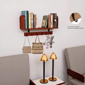 Wall Mounted <b>Kitchen</b> Rack With <b>Hooks</b> And Shelf For Pans Spatulas Utensils Storage Organizer Two Layer Wooden Design - Product Image 3