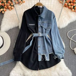 Vestido Camisero Vintage Casual de Mezclilla Tejida con Solapas y Empalmes, Estilo Coreano, Asimétrico, Holgado, Top Largo para Mujer, Diseño Frontal, Primavera, 2 Piezas - Product Image 6