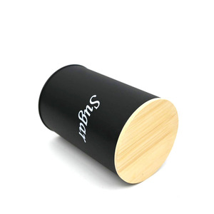 Boîte de rangement cylindrique en métal pour cuisine, avec couvercle en bambou imprimé sur mesure, finition mate, pour sucre, café, thé, aliments secs - Product Image 3