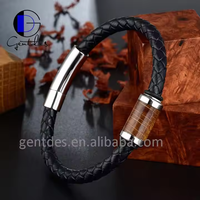 Gelang Kulit Pria dengan Manik-manik Kayu Tong Wiski Custom Gentdes Jewelry, Kancing Magnet Stainless Steel, Logo Terukir