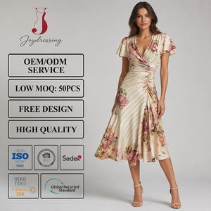 Joydressing Elegante Abito Midi Avvolgente in Raso con Stampa Floreale, Scollo a V, Maniche a Sbuffo, Arricciato, per Ospiti di Matrimoni e Feste, Vendita all'Ingrosso Personalizzabile - Product Image 1