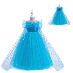 Vestido Mini de Verano con Capa de Lentejuelas y Volantes, Estilo Floral Dulce en Azul Tafetán para Niñas - Product Image 1