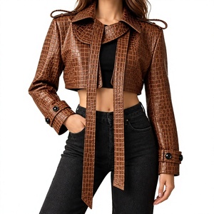 Chaqueta Corta de Mujer en Cuero PU Marrón con Estampado de Cocodrilo, Detalle de Lazo Largo, Manga Larga y Cuello Camisero - Product Image 1