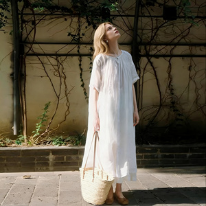 Vestido Maxi Personalizado para Mujer, de Chifón Sólido, Color Blanco Natural, Poliéster y Algodón, Transpirable, Elegante, Holgado, para Playa, Vacaciones, Casual - Product Image 1