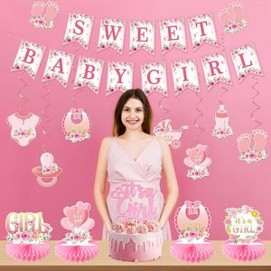 Decorazioni Rosa per Baby Shower, Articoli per Baby Shower 'Sweet Baby in Bloom', Topper per Torta 'È una <span class=keywords><strong>Bambina</strong></span>', Decorazioni a Nido d'Ape, Bandierine Appese - Product Image 5