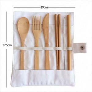 Ensemble de couverts portables personnalisés en bambou bio réutilisable (cuillère, fourchette, baguettes) avec pochette – Vente en gros - Product Image 6
