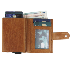 Cartera corta de cuero genuino para hombre, tarjetero con múltiples ranuras, cierre plegable, estilo minimalista, color marrón - Product Image 1
