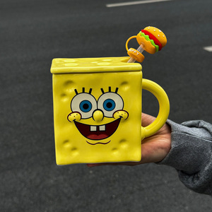 Mug en céramique Spongebob Squarepants Oball créatif et mignon, tasse à café jaune avec couvercle carré et paille burger, 400 ml, cadeau pour la maison et le bureau - Product Image 3