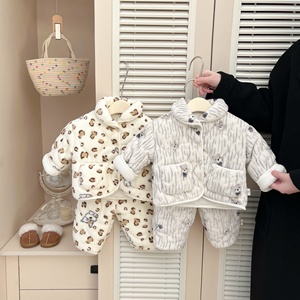 Completo Invernale Extra Spesso per Neonati, Carino <span class=keywords><strong>Pigiama</strong></span> Due Pezzi con Pantaloni Felpati e Stampati per Bambini e Bambine - Product Image 3