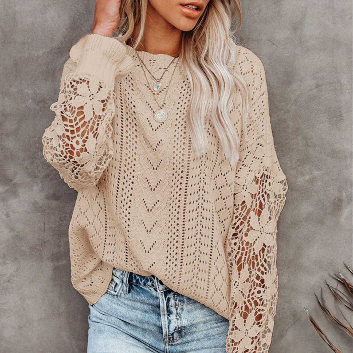 PRETTY STEPS 2021 PSCH8018 Women Autumn Amazon Hot Sale Lace Patched Work Sweater Ladies Sweatshirts