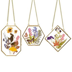 Gran oferta, <span class=keywords><strong>marcos</strong></span> de <span class=keywords><strong>flores</strong></span> prensadas verticales transparentes doradas <span class=keywords><strong>con</strong></span> cadena, marco de fotos flotante de vidrio transparente doble de cobre - Product Image 1