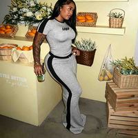 Ensemble de loungewear d'automne pour femme, gris, 3 bandes, basique, 2 pièces, jupe longue maxi en coton à manches courtes