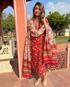 Nova Chegada Mulheres Personalizado Algodão Feito Folha Impresso Kurta Reta com Calça E Terno Dupatta Conjunto Para As Mulheres 3pcs Terno - Product Image 4