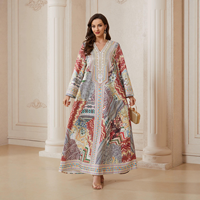 Robe longue vintage à imprimé floral en polyester respirant pour femme, col en V, manches longues, style ethnique ample, abaya pour tous les jours