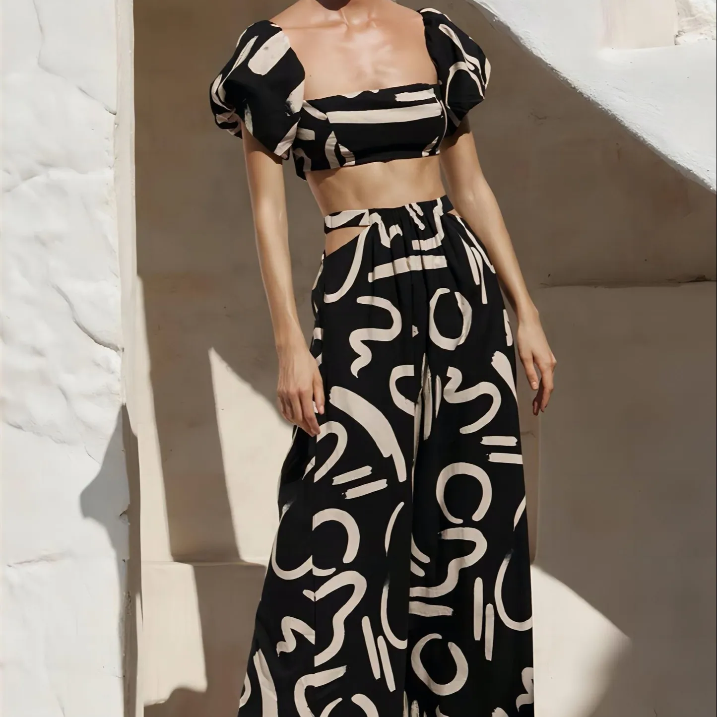 new sexy high waist bubble sleeve wrapped chest top chiffon large swing loose long skirt suit