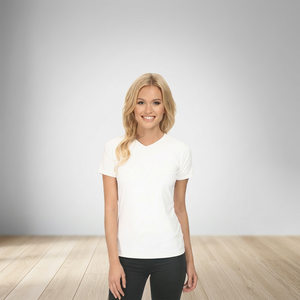 T-shirts pour femmes de qualité supérieure à col en V, logo et design personnalisés, couleur unie, respirants, 100% coton - Product Image 2