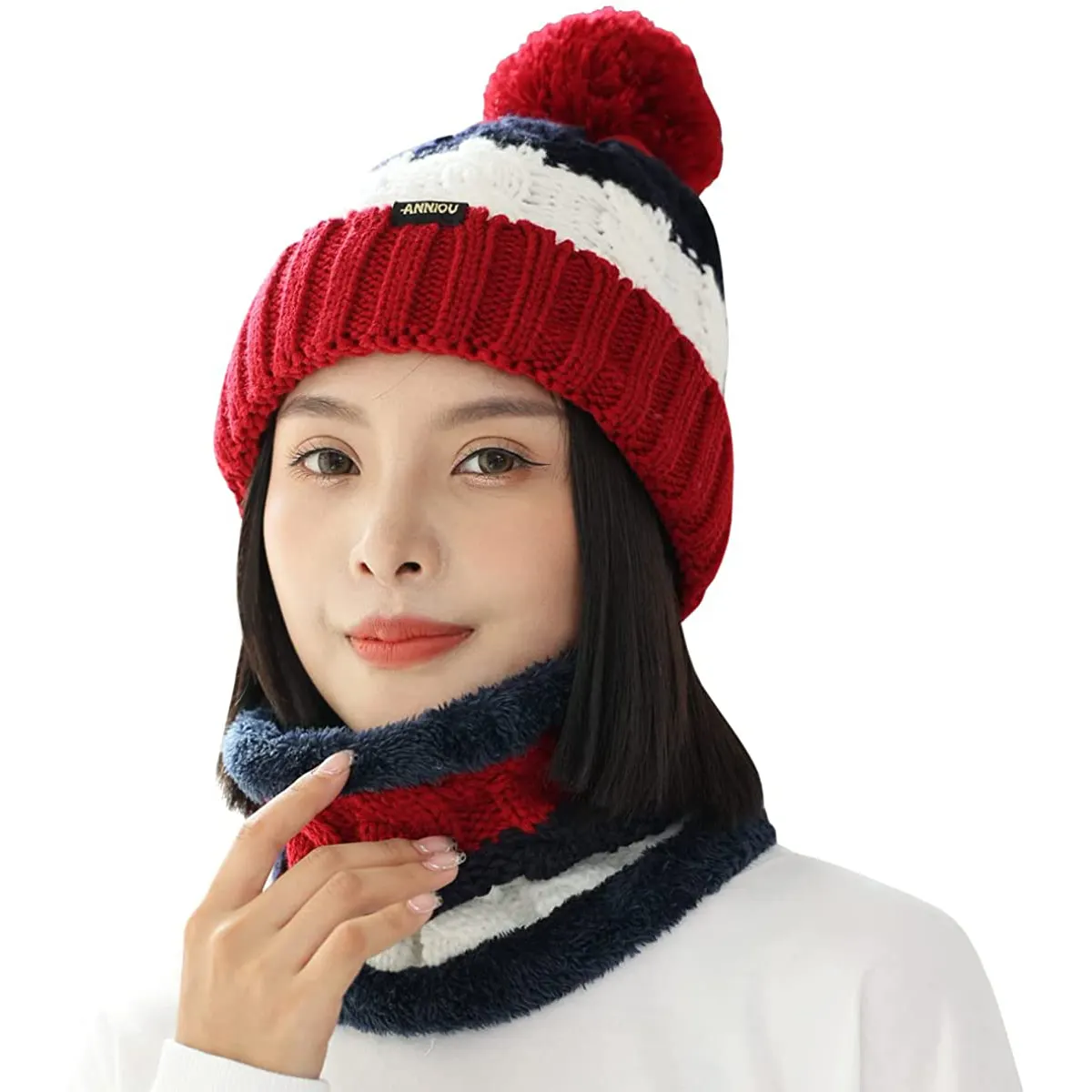 Chapeau d'hiver en tricot pour femmes, doublure polaire chaude épaisse, bonnet Pom Pom, châle coupe-vent, ensemble écharpe de Ski, vente en gros,