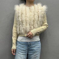 Jancoco – Cardigan court en fourrure de renard véritable pour femme, avec fermeture éclair personnalisée et manches tricotées, style veste pull courte