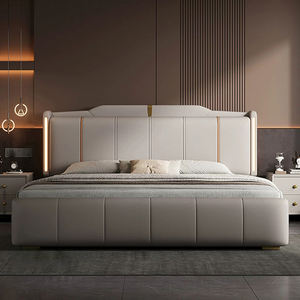 מסגרת מיטה מפוארת ומודרנית בגודל קינג סייז, רכה, מעור, עשויה מעץ מלא, מיטת קווין עם אחסון לריהוט חדר שינה, מיטת מלון עם תאורה - Product Image 1