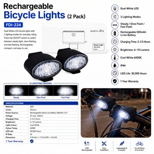 Feux de vélo rechargeables USB, LED blanc froid, ABS et silicone, montage arrière, 6-10 lumens, étanches IP44, pour la conduite nocturne - Lot de 2 - Product Image 2
