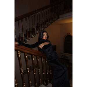 Vestido de Gala Negro de Lujo Talla XL de Poliéster con Lentejuelas, Cuentas y Decoraciones Florales Drapeadas, Escote Redondo, Largo hasta el Suelo para Fiestas - Product Image 3