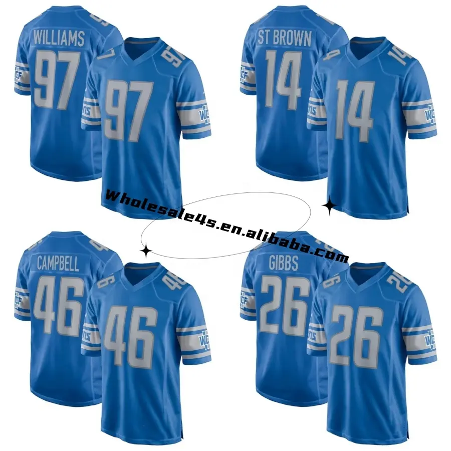 Großhandel Herren Detroit City amerikanische Fußballtrikots genäht blau USA Fußballuniform #97 Hutchinson 14 St. Brown 16 Goff