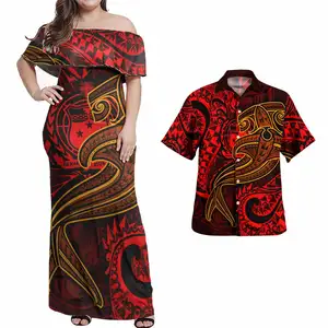 Polynesische Rode Haai Samoa Combo Jurk En Hawaiiaans Shirt Dames Lange Jurken Groothandel Custom Zomer Mannelijke Shirts Dames Dres Set
