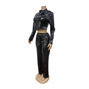 Conjuntos de Chaquetas y Pantalones de Manga Larga de PU Sólido para <span class=keywords><strong>Mujer</strong></span>, Trajes Casuales de Invierno - Product Image 5