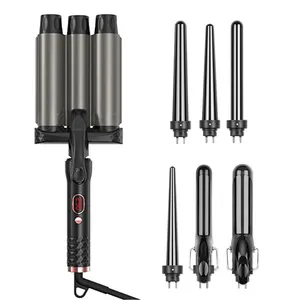 Three Barrel Curling Iron Wand LCD Temperature Display hair curler Dual Voltage Crimp wave curling iron