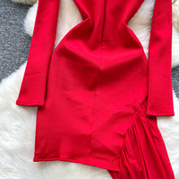 Robe décontractée élégante pour femme, rouge, asymétrique, à manches longues, avec décoration en strass et empiècements en maille, pour les fêtes et le quotidien