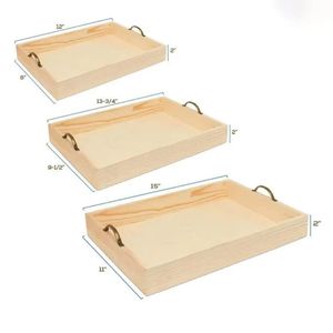 Wooden Serving <b>Tray</b> Set With Metal Handles Pine Wood Three Piece For Tea Or <b>Dinner</b> Use - Product Image 2