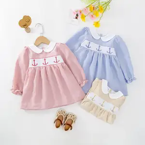 New Arrival Children Cotton Seersucker Stripe Full Sleeve Dress Anchor Embroidery Hand Smocked Baby Girl Dress