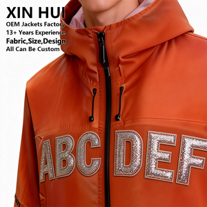 Custom Luxury Dyed <b>Rhinestone</b> Letters Men's Winter Long Techwear <b>Jacket</b> Hooded Waterproof Windbreaker Streetwear Hip Hop Orange - Product Image 2