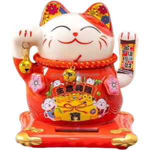 Ameublement de maison et décoration de Noël en porcelaine chat japonais de 5 pouces en céramique solaire porte-bonheur Maneki Neko - Product Image 1