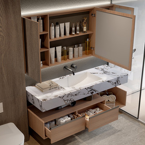 Meuble de salle de bain minimaliste pour hôtel, armoire de rangement intelligente avec miroir, lavabo blanc, meuble suspendu - Product Image 2