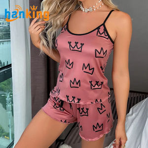 Piyama Seksi Wanita Ehanking, Set 2 Potong Kamisol dan Celana Pendek, Set Piyama Satin Motif Nyaman untuk Wanita - Product Image 2