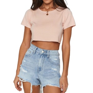 Women T-shirt Short Sleeves Round Neck Slim Fit Casual Pullover Crop <b>Tops</b> Solid Color Lady Tee Shirts - Product Image 1