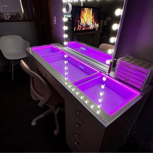 Nouveau grand coin miroir maquillage commode bureau chambre moderne blanc Mdf maquillage vanité Table avec Led éclairé verre trempé haut - Product Image 3