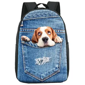 حقائب ظهر مخصصة للمدارس للفتيات بتصميم جميل على شكل كلب جينز تصميم جيب مطبوع حقائب ظهر بوليستر للجنسين