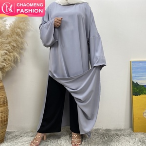 6809+1434#B Abaya Manufacturer ChaomengFashion Solid Color Slit Sides Modesty Closed Abaya Matching Pocket Pant Two Pieces <b>Set</b> - Product Image 1