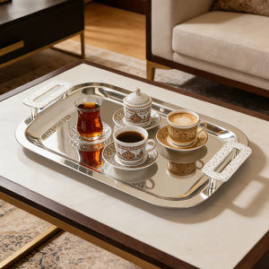 طقم صواني تقديم من الفولاذ المقاوم للصدأ بلون فضي لرمضان 2026 مع مقابض للطعام والقهوة والشاي العربي الأحمر - Product Image 1